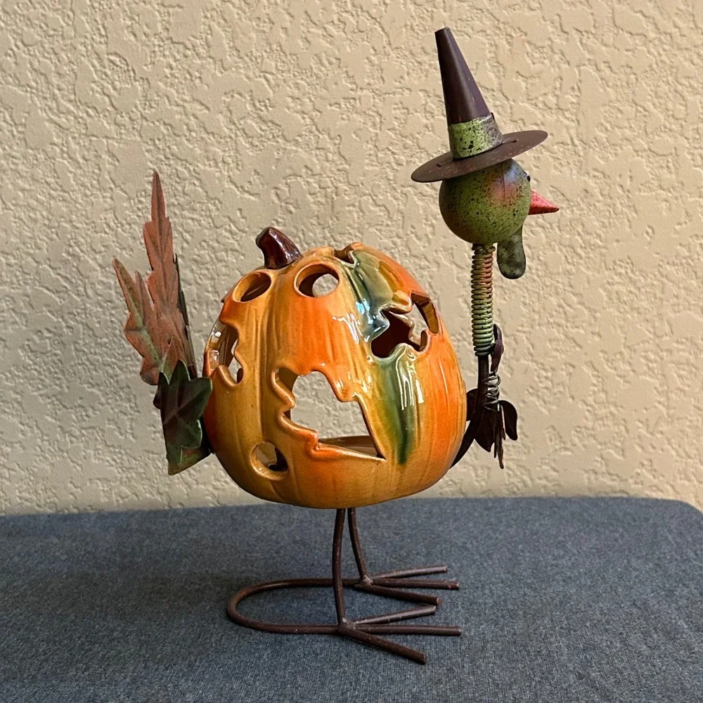 Pier 1 Turkey Pumpkin Tealight Candle Holder Ceramic Metal Thanksgiving Fall
